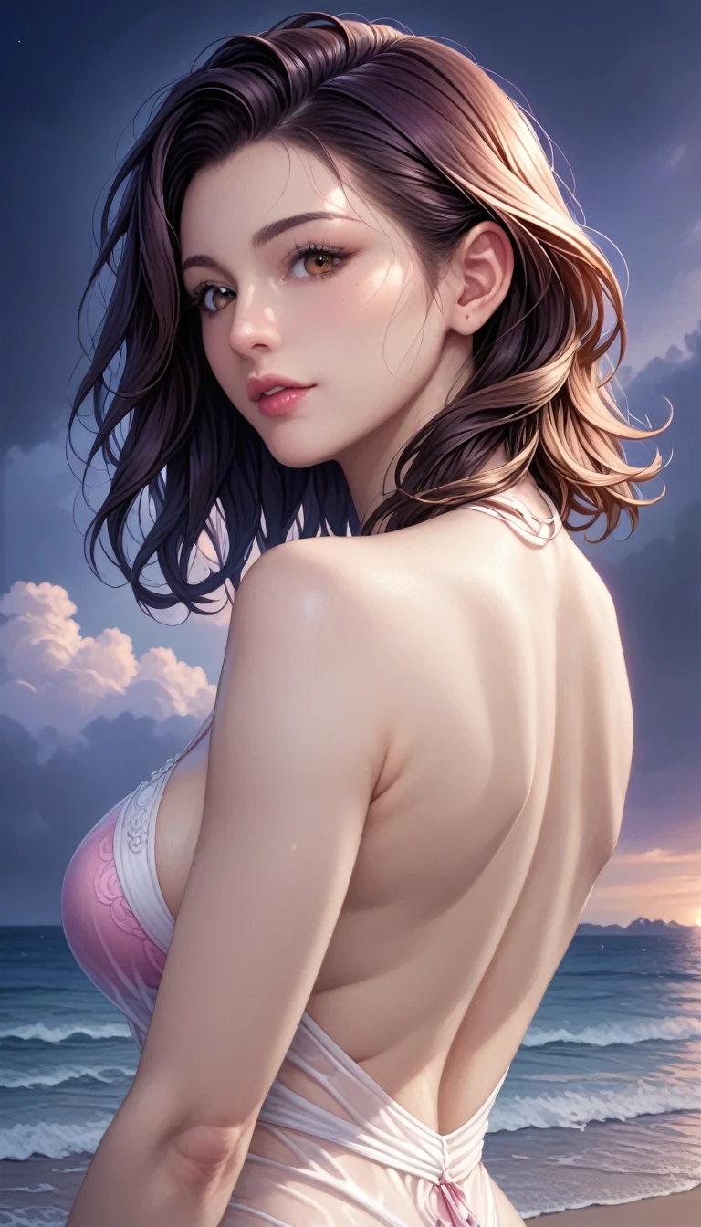 score_9, score_8_superior, score_7_superior, High resolution 3D anime style,A masterpiece in 32K resolution,Highest quality,it is really amazing,Very detailed,Ultra-high resolution,Ultra-realistic,Realistic,Increased depth of field,Cinematic lighting,
(Sexy mature Japan woman:1.2),
(black straight medium hair:1.1),(Ultra-detailed and beautiful face:1.1),(Calm and gentle look:1.1),Beautiful brown eyes,Translucent white skin,Realistic skin texture,Great proportions,
Elegant swimwear,
Summery design,Chic color scheme,Beautiful and delicate decoration,Detailed fabric texture,
(Dark overcast sky on a dull night:1.1),(Dark clouds filling the sky:1),(Thundercloud:1),Coastline at night,Stormy seas,(delay々A desolate sandy beach that continues:1),
dramatic,(Beautiful back view:1.2),