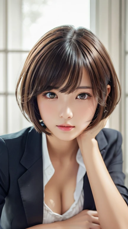 (Tabletop:1.3), (8k, Realistic, RAW Photos, Highest quality: 1.4), Japanese, (One Girl), Beautiful Face, (Realistic Face), (Black Hair), Beautiful hairstyle, Realistic eyes, Beautiful attention to detail, (Realistic Skin), Beautiful Skin, Charm, Ultra-high resolution, Surreal, Very detailed, Golden Ratio,school uniform.blush、Bobcut、Loose and fluffy hairstyle、Drooping eyes、Emphasize the cleavage