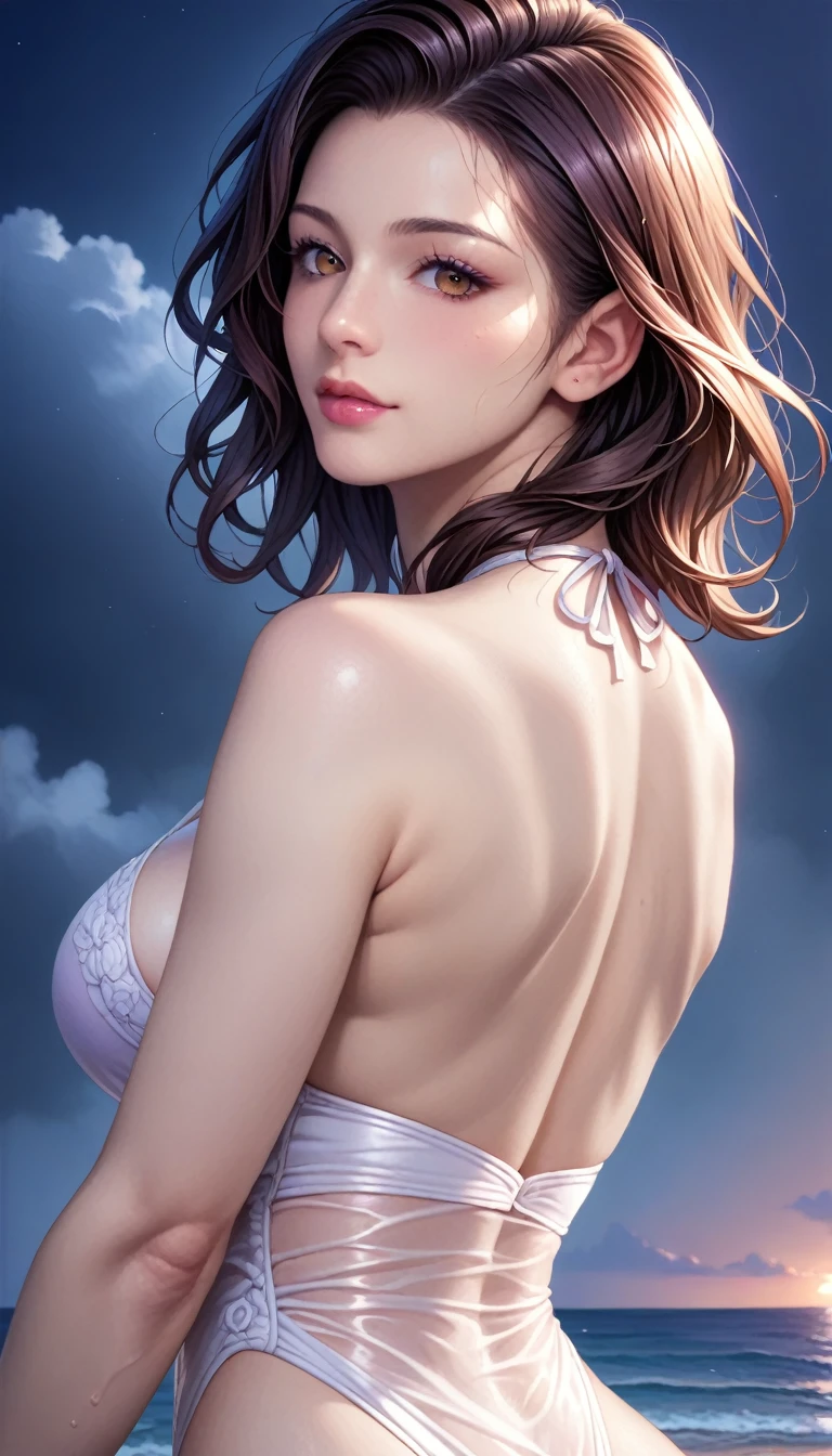 score_9, score_8_superior, score_7_superior, High resolution 3D anime style,A masterpiece in 32K resolution,Highest quality,it is really amazing,Very detailed,Ultra-high resolution,Ultra-realistic,Realistic,Increased depth of field,Cinematic lighting,
(Sexy mature Japan woman:1.2),
(black straight medium hair:1.1),(Ultra-detailed and beautiful face:1.1),(Calm and gentle look:1.1),Beautiful brown eyes,Translucent white skin,Realistic skin texture,Great proportions,
Elegant swimwear,
Summery design,Chic color scheme,Beautiful and delicate decoration,Detailed fabric texture,
(Dark overcast sky on a dull night:1.1),(Dark clouds filling the sky:1),(Thundercloud:1),Coastline at night,Stormy seas,(delay々A desolate sandy beach that continues:1),
dramatic,(Beautiful back view:1.2),