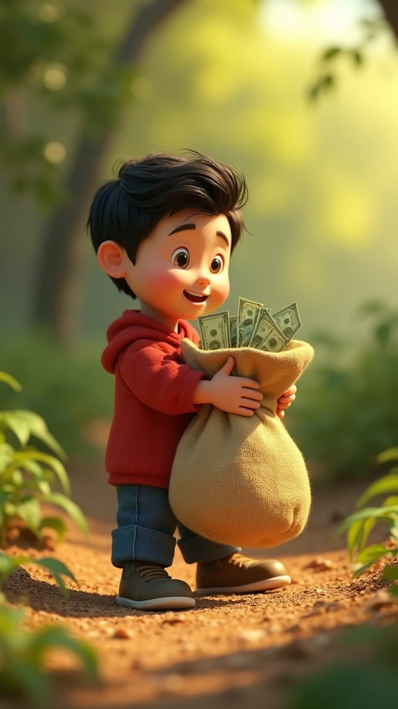 He finds a bag full of money buried in the ground , 3d animation ,disney inspired,8k