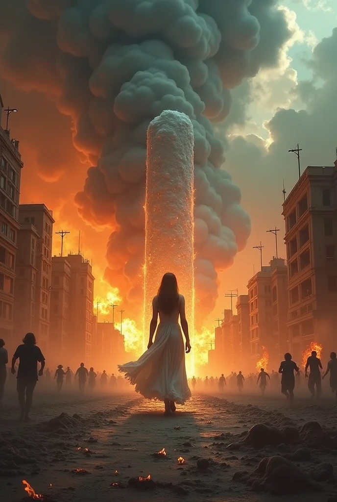 knife a city representing sodom and gomorrah from the bible falling flames of sulfur and fire the city with people running wild lots of flames everywhere and a woman stoned like a pillar of salt the size of a normal person looking back representing the woman of lo from the bible
