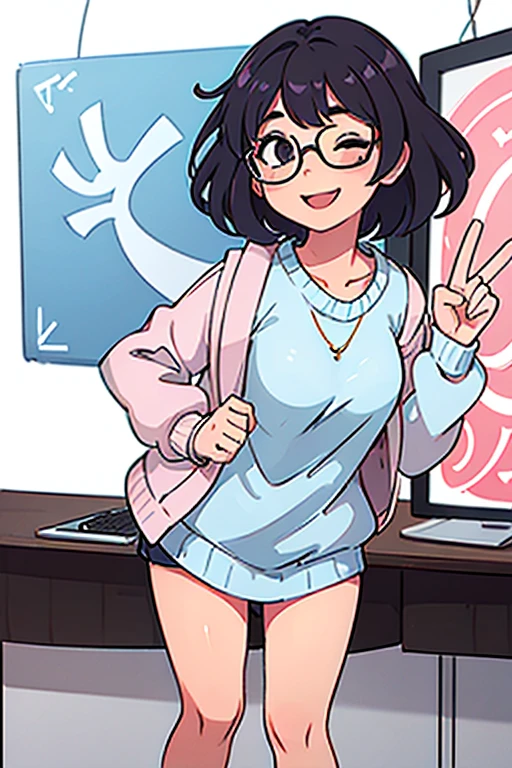 one with short wavy hair and a pastel colored sweater, with sample legs, eyes closed and one pair of glasses falling slightly from her face as she looks at the viewer with a big smile and the sign "Peace" with one hand