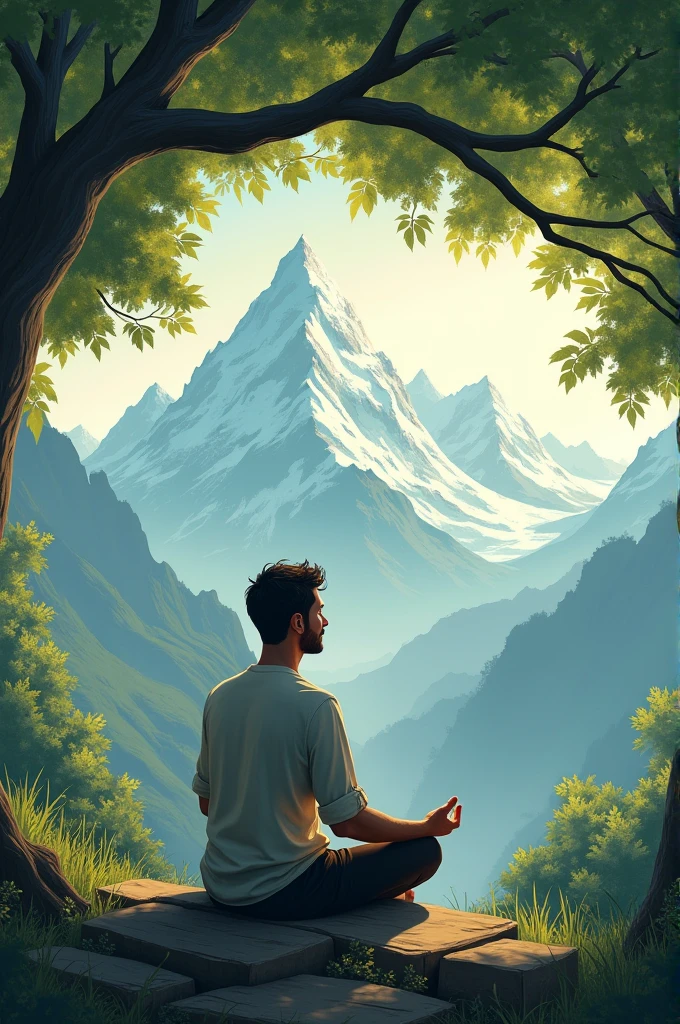 Man meditating under a leafy tree looking at the mountains