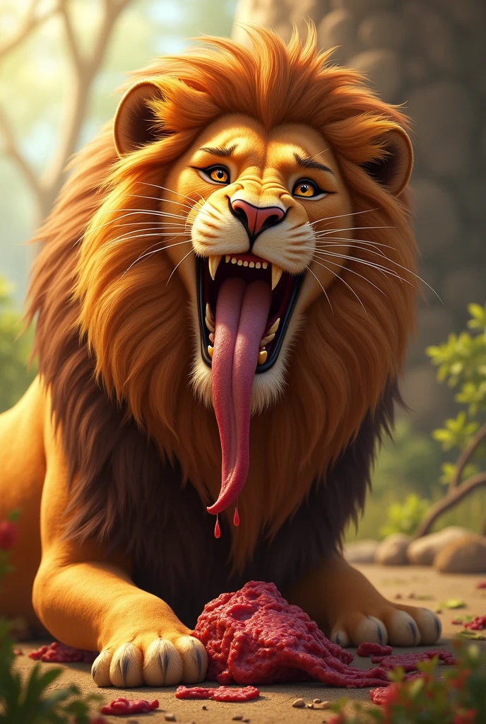 Simba about to swallow and vore a little bug character in his open mouth, close up, duo, two characters, micro/macro, drool