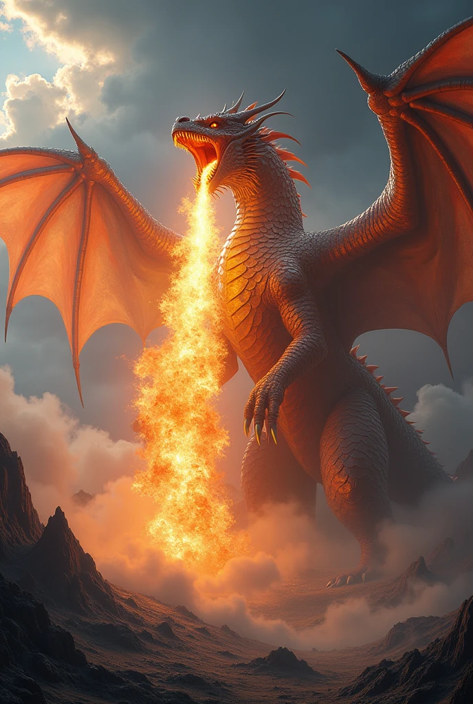 Realistic huge dragon spitting fire into the sky