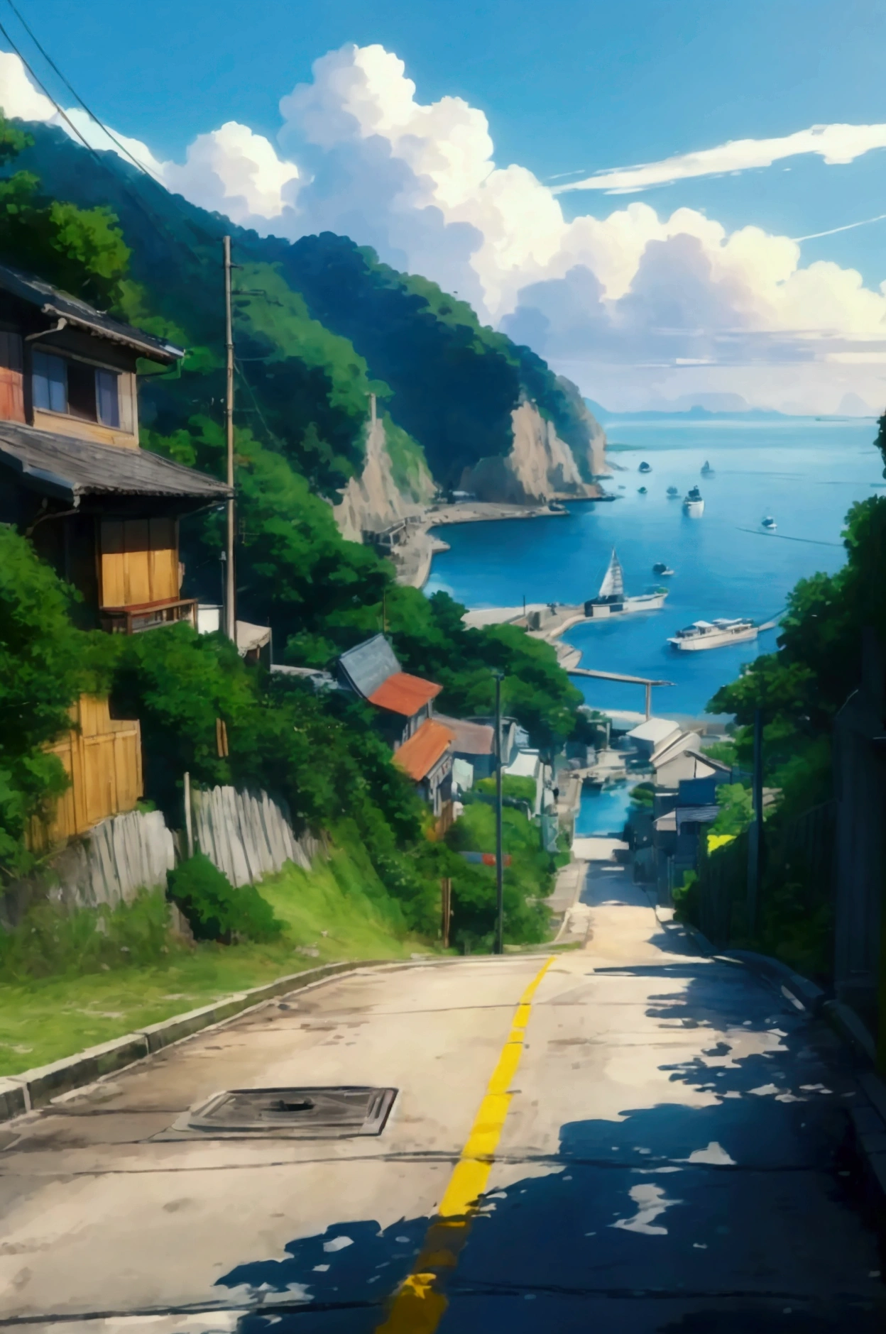 eau qui ruissellesSide view of a coastal road descending towards a small harbor, captured in an anime style artwork. The road is steep, with a guardrail on the left and a small green hill on the right. The asphalt appears slightly worn with some cracks, and a manhole is visible on the road. The coastal area in the background includes a blue ocean with a few boats and a small dock. The scene is bathed in bright, natural sunlight, with shadows cast along the road and guardrail. The general atmosphere is serene and nostalgic, evoking a peaceful Japanese seaside town, on the side of a small Shinto statue