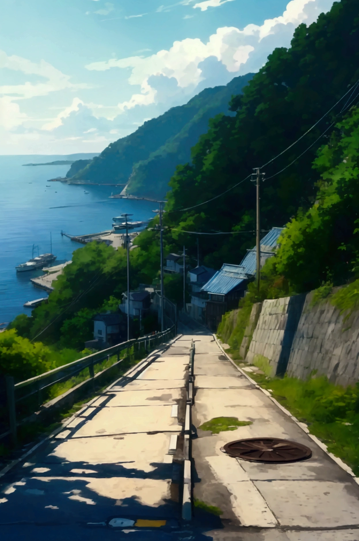 eau qui ruissellesSide view of a coastal road descending towards a small harbor, captured in an anime style artwork. The road is steep, with a guardrail on the left and a small green hill on the right. The asphalt appears slightly worn with some cracks, and a manhole is visible on the road. The coastal area in the background includes a blue ocean with a few boats and a small dock. The scene is bathed in bright, natural sunlight, with shadows cast along the road and guardrail. The general atmosphere is serene and nostalgic, evoking a peaceful Japanese seaside town, on the side of a small Shinto statue