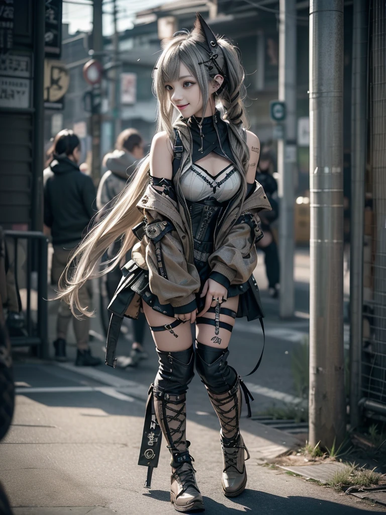 (Side view:1.1)、(Smiling with teeth showing:1.3),(Shibuya Gal:1.5)、(beautiful:1.5)、(Neo-Goth Fashion:1.5)、(Punk rock visual kei:1.5)、(A khaki and brown off-the-shoulder hoodie accessorized with delicate silver accessories..:1.5)、(A corset with a delicate beige and brown design:1.4)、(Dark gray, Khaki and brown snakeskin bodysuit:1.5)、(Snake print headband:1.3)、(Beige and charcoal knee socks:1.4)、Embellished collar and long boots、(I'm Snake print underwear for sale.:1.4)、(Long eyelashes:1.3)、(Age 35)、((Highest quality、8k、masterpiece:1.3))、1 female、スリムでbeautiful腹筋:1.3、(Hairstyle Casual、beautiful boobs:1.1)、(Doing an aerobics pose:1.3)、dress:1.1、Super small face、Narrow eyes、double eyelid、A sloppy smile、Full Body Evian、Dynamic Angle、close、CPL Filter、Blurred Background、Bokeh、Blue Hour、Detailed face and skin texture、Detailed eyes、,(Twin tails:1.3)、(Brownish golden hair:1.3)、Idol Sculpture、(The background is a gorgeous fashion show stage:1.3)、(Slimming your legs:1.4)、(The body is slim:1.3)、(clavicle:1.1)