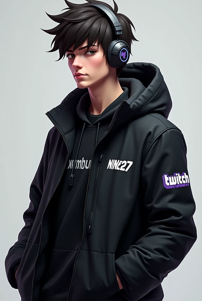 I want a guy with a black jacket and headphones who is all gamer with brown or dark hair in the middle of the jacket it should say maximuntnine27 with the twitch logo
