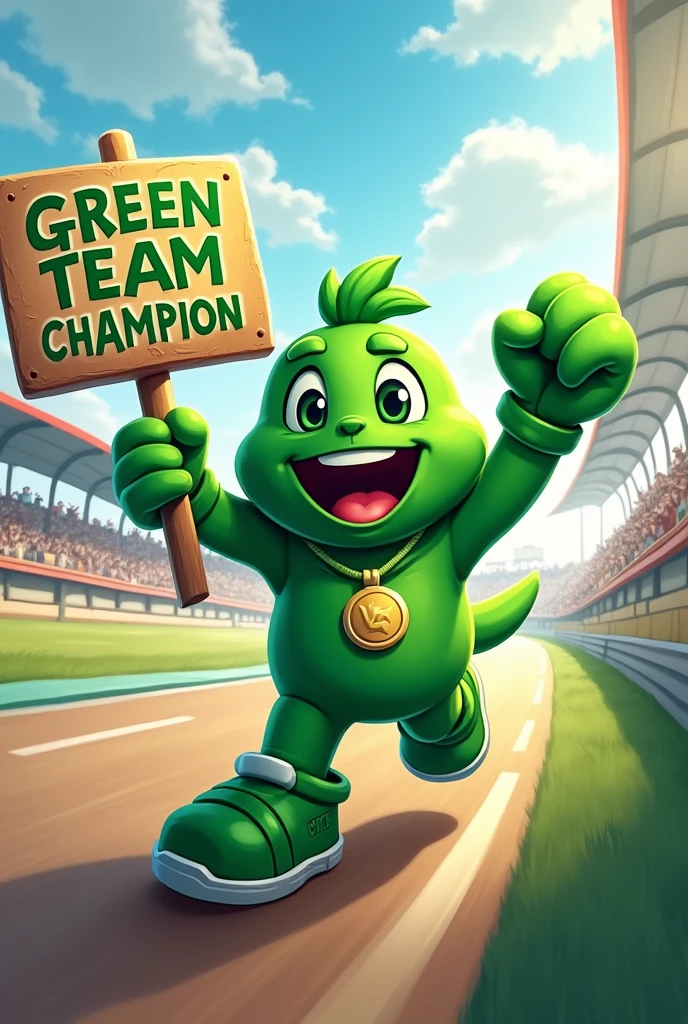 A green colored mascot, with a sign saying green team champion, with the background of a race and a gold medal.