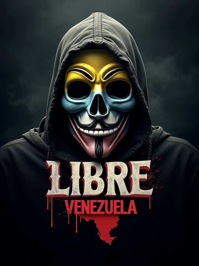 logo "Venezuela Libre" stylish letter logo front, background a mask of skull with Venezuela maps ,realistic and attitude with logo of Anonymous ,realistic real