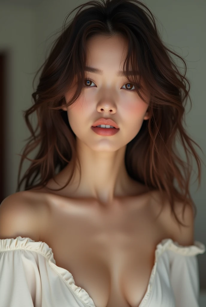 cute beautiful brunette, wearings a minimalistic pijama ,full body, perfect angle, very detailed, , flirty face, messy long hair, brown eyes, high-res, masterpiece, best quality,intricate details, highly detailed,sharp focus, detailed skin,realistic skin texture,texture, detailed eyes, professional, 4k, smile, shot on Canon, 85mm,shallow depth of field,kodak vision color,  eyeshadow, extremely detailed, photo_\(ultra\), photorealistic, realistic, post-processing, max detail, roughness, real life, ultra realistic, photorealism, photography, 8k uhd, photography, braless,