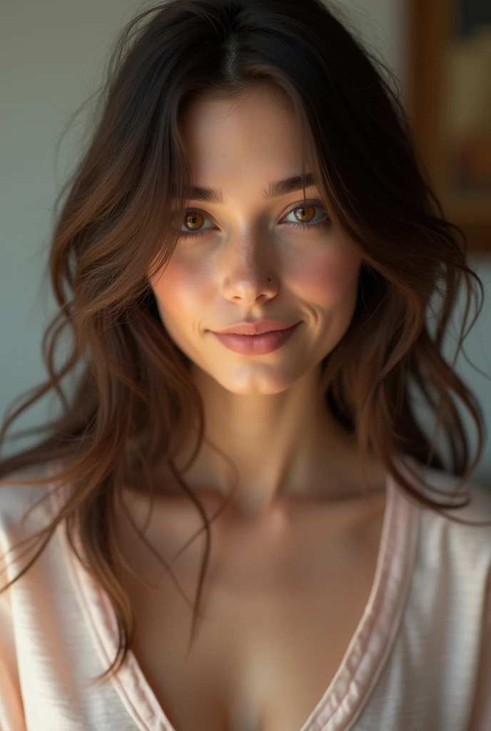 cute beautiful brunette, wearings a minimalistic pijama ,full body, perfect angle, very detailed, , flirty face, messy long hair, brown eyes, high-res, masterpiece, best quality,intricate details, highly detailed,sharp focus, detailed skin,realistic skin texture,texture, detailed eyes, professional, 4k, smile, shot on Canon, 85mm,shallow depth of field,kodak vision color, eyeshadow, extremely detailed, photo_\(ultra\), photorealistic, realistic, post-processing, max detail, roughness, real life, ultra realistic, photorealism, photography, 8k uhd, photography, braless,