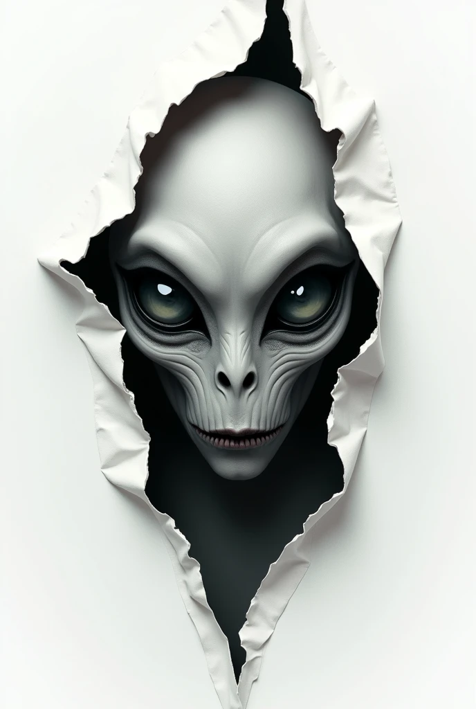 face of a gray Alien trying to get out of a torn paper style portal with a white background behind the space alien image
