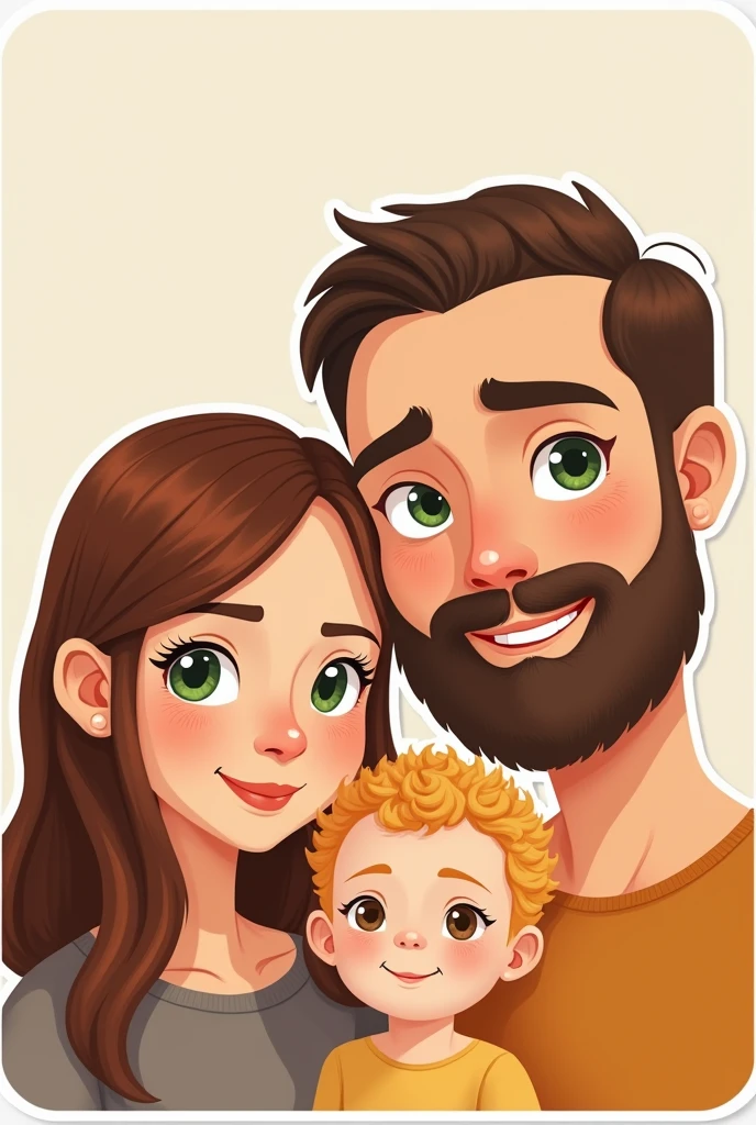 A family, A white man, Cao Cao, almost bald, brown beard, greeneyes, next to a white woman de greeneyes com o cabelo castanho-acobreado, straight and without bangs parted in the middle, next to a white woman, greeneyes, curly and blonde hair, illustration style, sticker