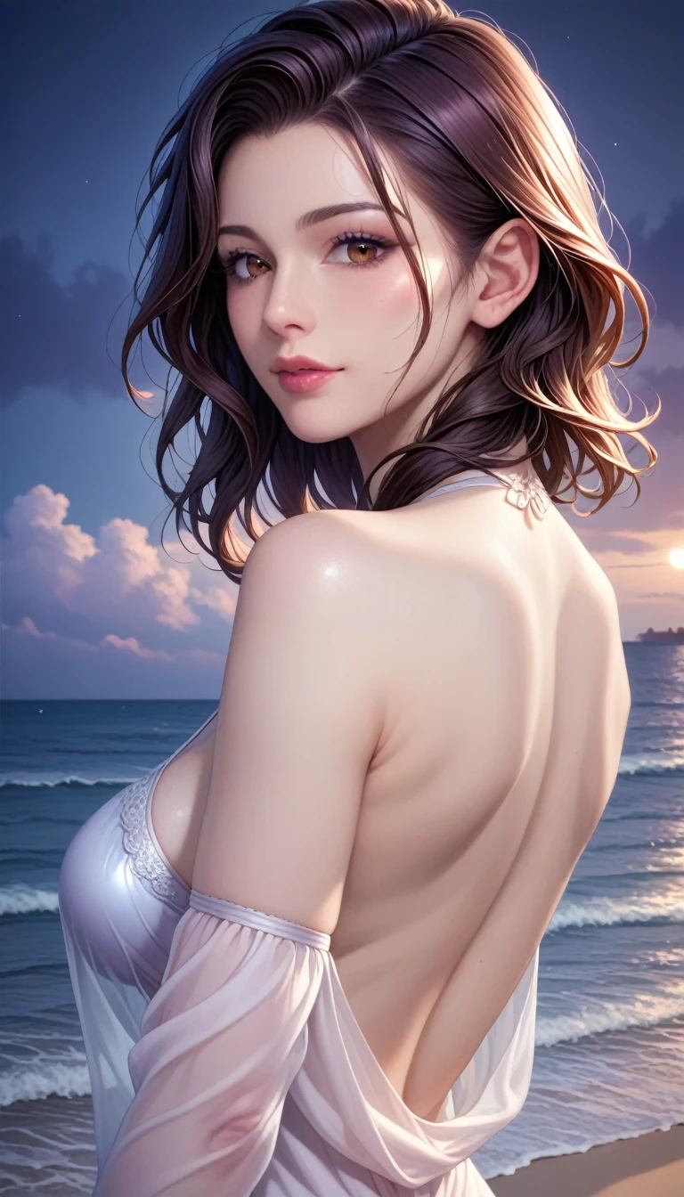 score_9, score_8_superior, score_7_superior, High resolution 3D anime style,A masterpiece in 32K resolution,Highest quality,it is really amazing,Very detailed,Ultra-high resolution,Ultra-realistic,Realistic,Increased depth of field,Cinematic lighting,
(Sexy mature Japan woman:1.2),
(black straight medium hair:1.1),(Ultra-detailed and beautiful face:1.1),(Calm and gentle look:1.1),Beautiful brown eyes,Translucent white skin,Realistic skin texture,Great proportions,
Elegant swimwear,
Summery design,Chic color scheme,Beautiful and delicate decoration,Detailed fabric texture,
(Dark overcast sky on a dull night:1.1),(Dark clouds filling the sky:1),(Thundercloud:1),Coastline at night,Stormy seas,(delay々A desolate sandy beach that continues:1),
dramatic,(Beautiful back view:1.2),