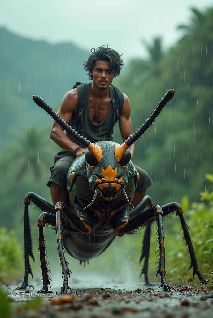 an indonesian fierce handsome man age 32, riding a giant insect in a rainy weather in Indonesia, joyously riding, water puddle, realistic photo style, 8k resolution, shot by Canon DSLR