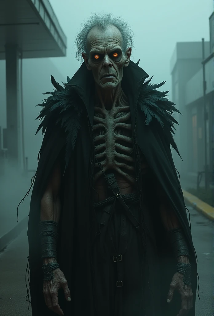 very old man, looks like a corpse, half of his face deformed, beggar, dirty, angry look, short gray hair, pale and wrinkled skin, yellowish pupils, hunched posture, waist up, penetrating and evil look, long black cloak, torn clothes, cloak of crow feathers on the back, left side of the body covered with bands and hood, fog, dark gas station, horror, fear, scary, suspense, mysterious