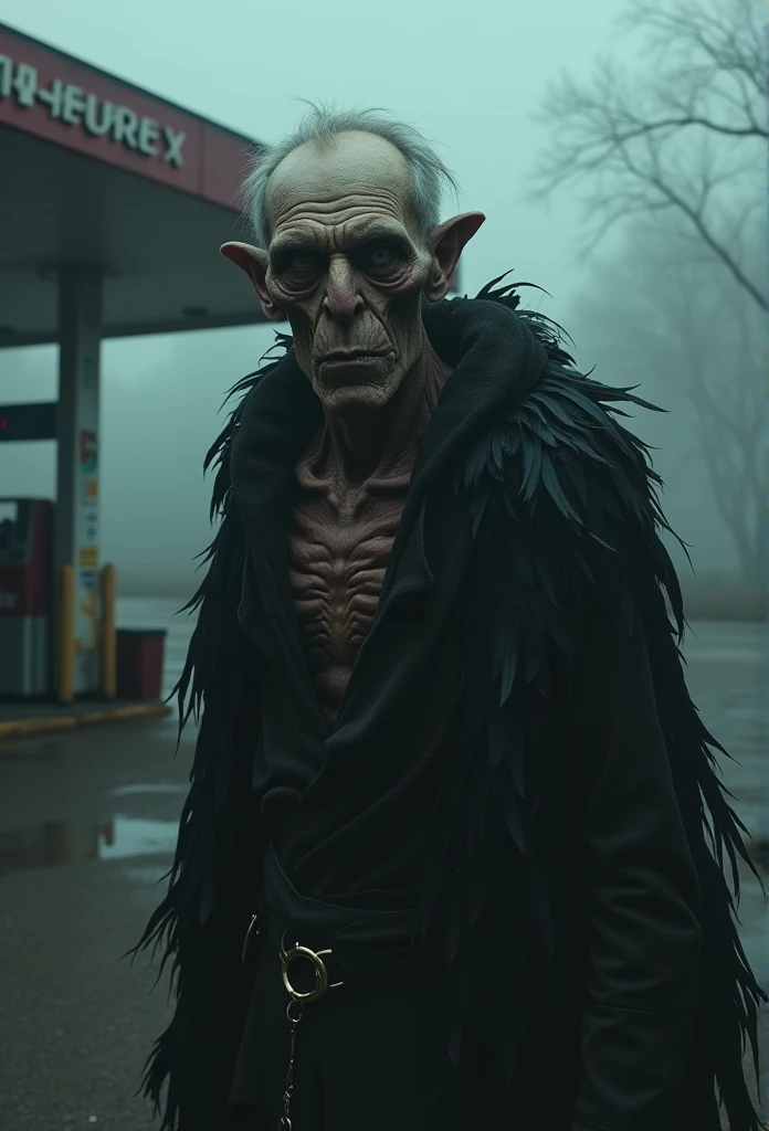 very old man, looks like a corpse, half of his face deformed, beggar, dirty, angry look, short gray hair, pale and wrinkled skin, yellowish pupils, hunched posture, waist up, penetrating and evil look, long black cloak, torn clothes, cloak of crow feathers on the back, left side of the body covered with bands and hood, fog, dark gas station, horror, fear, scary, suspense, mysterious