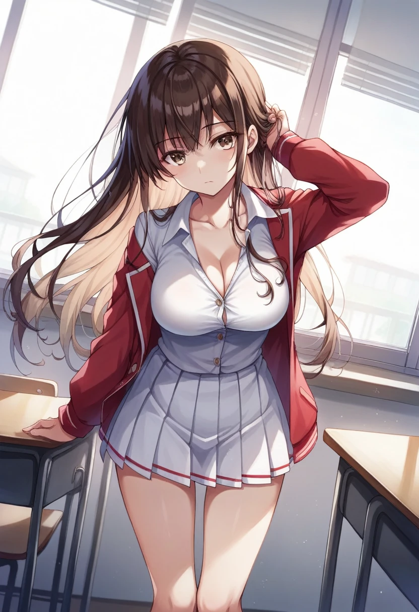 Ayanokouji Kiyotaka changes to girl, youkoso jitsuryoku shijou shugi no kyoushitsu e, tomose shunsaku, 1 girl, solo, high resolution, dutch angle, very long hair, brown hair, golden brown eyes, bangs, parted bangs, expressionless, closed mouth, breasts large, cleavage, collarbone, white shirt, red school jacket, buttons, white pleated skirt, long transparent stockings, looking at viewer, hand on head, arm up, standing, thigh gap, legs, classroom, full light day, desktop, window, masterpiece, best quality, best quality, amazing, beautiful detailed eyes, finely detailed, depth of field, extremely detailed CG unity 8k wallpaper, full body.