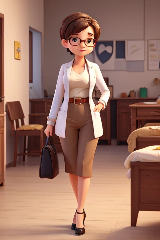 1 girlMasterpiece, best quality, A woman with short hair and glasses, Body cute, breasts big, Waist slender, Broad Hips, wearing high heels and medical coat
