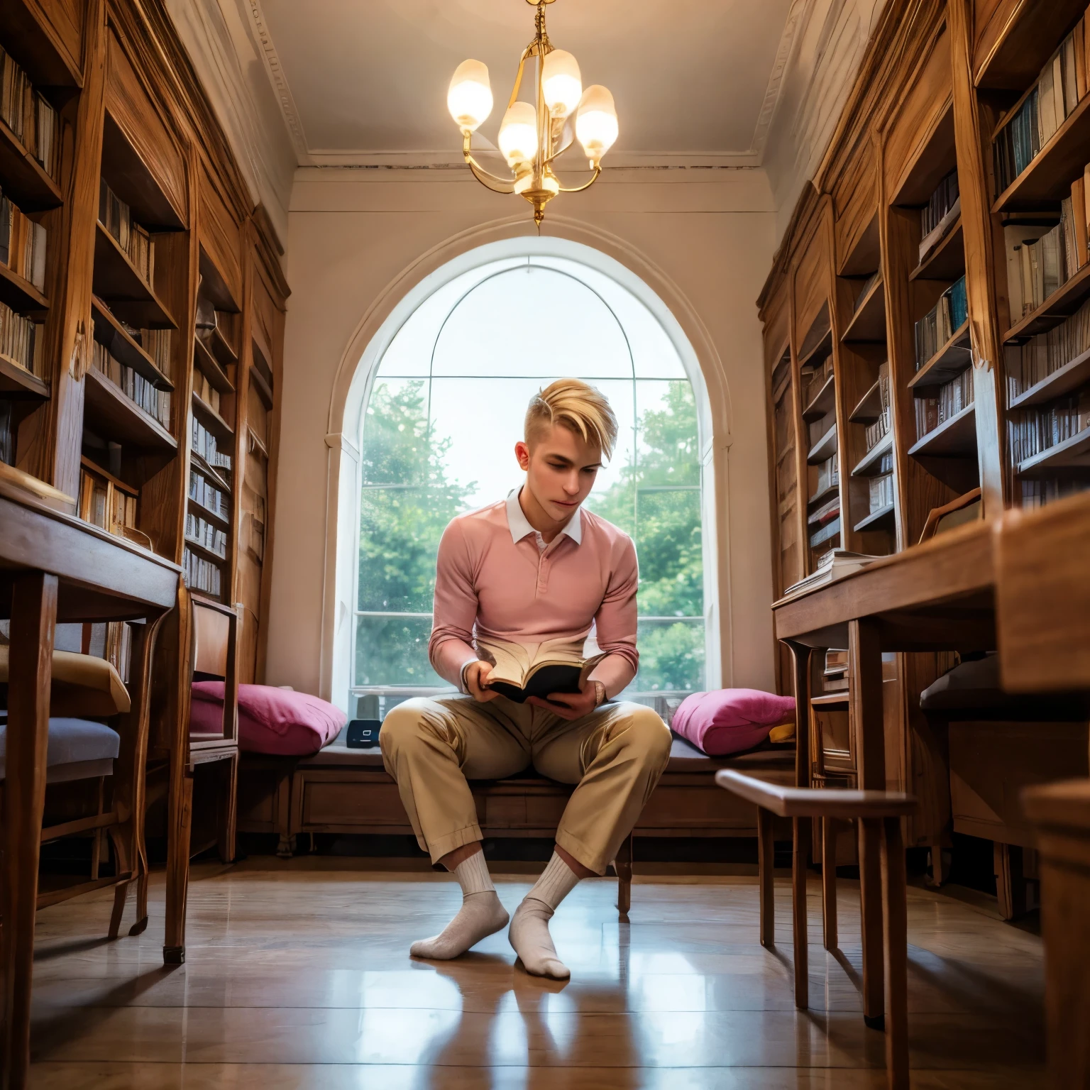 full body view, a young blonde handsome white french guy with undercut preppy haircut, brown eyes, strong pointed nose, wearing light-pink shirt, beige chino preppy pants, in light-pink socks, no shoes, golden signet ring, studying at the library of french university, reading books, seated alone in his socks at his table,  other students studying around at other tables