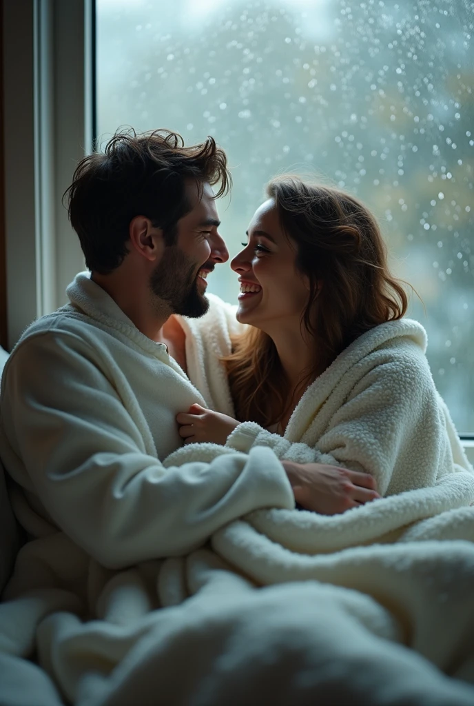 Couple covered with a white blanket, laughing on a rainy day. Hyperrealistic image with a lens aperture of 1.4 at a focal length of 35 mm