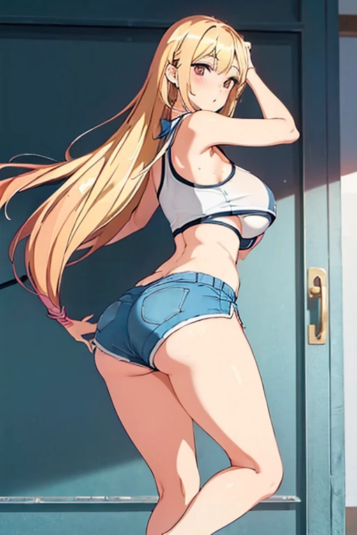 masterpiece, best quality, highly detailed, ultra high res, ayase arisa, 1girl, solo, hair ornament, long blonde hair, glossy lips, medium breasts, aqua eyes, school, locker room, looking back at viewer, shocked, surprised, lace bra, pleated miniskirt, through door