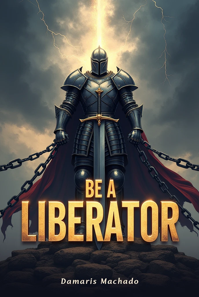 Description of the cover:
fund: The cover background should be a dramatic landscape with sky light, perhaps a stormy sky with heavy clouds and lightning flashing in the distance. This setting creates an epic, intense and brilliant tone..
soldier: In the center of the cover, there is an imposing soldier, dressed in a shiny armor with helmet and detailed, that reminds me of "God's armor" described in Ephesians 6 Action: The soldier is in a dynamic pose, holding a large and powerful sword that is cutting heavy chains. The chains break in many directions, with fragments flying around, many broken chains symbolizing liberation and the breaking of bonds.
expression: your posture conveys strength and confidence.
Additional Detail: Add subtle elements of sparkle, lots of light around his head and light around the broken chains and sword to highlight the action and the sense of power. Small touches of light can also be added to the armor to give it a more heroic effect..
Title and author: The title "BE A LIBERATOR" must be in a grand and imposing font, possibly gold or silver, to contrast with . The name of the author Damaris Machado can be at the bottom of the cover, in a smaller but still readable font, perhaps in white or a color that complements the title.
