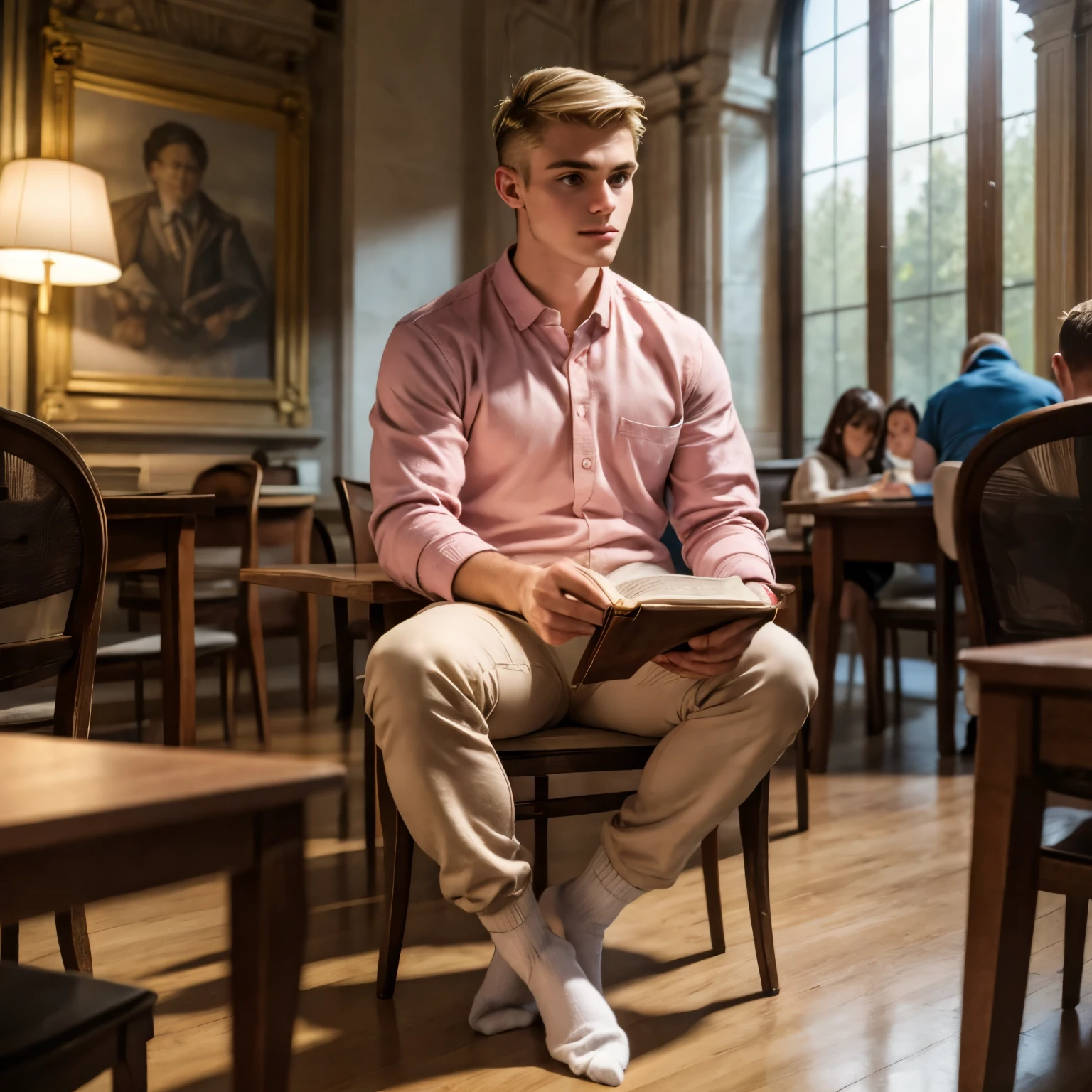 full body view, a young blonde handsome white french guy with undercut preppy haircut, brown eyes, strong pointed nose, wearing light-pink shirt, beige chino preppy pants, in light-pink socks, no shoes, golden signet ring, studying at the library of french university, reading books, seated alone in his socks at his table,  other students studying around at other tables