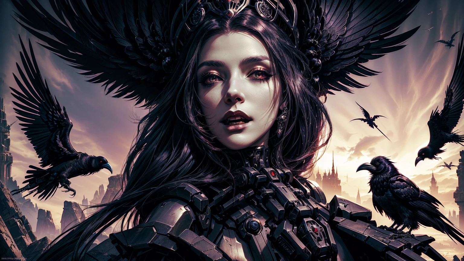 sci-fi, mecha, there is a woman with a crown of feathers and a mechanical raven, gothic maiden of the dark, goddess of the underworld, queen of the underworld, dancer of the underworld, seductive cyberpunk dark fantasy, raven, the order of the burning shadow, stunning fantasy horror, cover art, in style of dark fantasy art, fantasy dark art, gothic fantasy art, raven winged female vampire