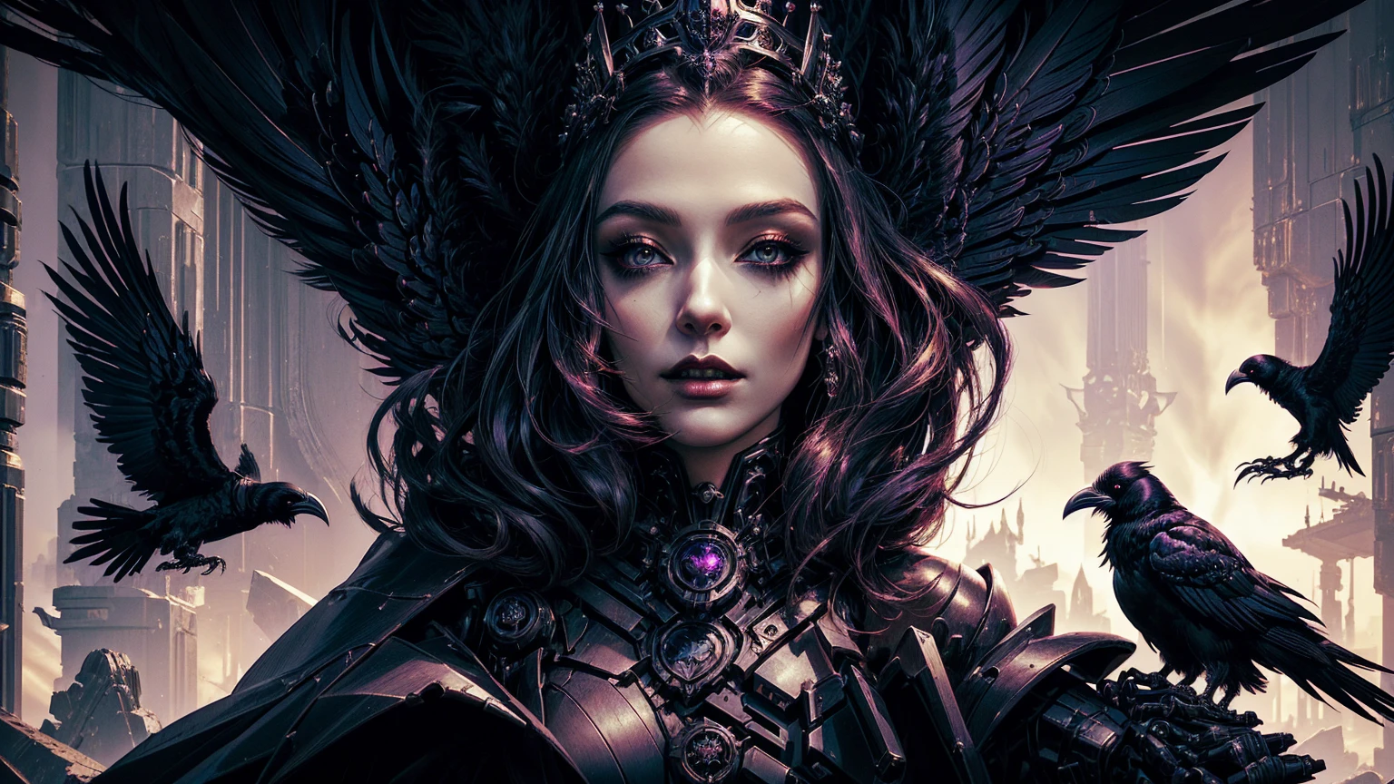 sci-fi, mecha, there is a woman with a crown of feathers and a mechanical raven, gothic maiden of the dark, goddess of the underworld, queen of the underworld, dancer of the underworld, seductive cyberpunk dark fantasy, raven, the order of the burning shadow, stunning fantasy horror, cover art, in style of dark fantasy art, fantasy dark art, gothic fantasy art, raven winged female vampire