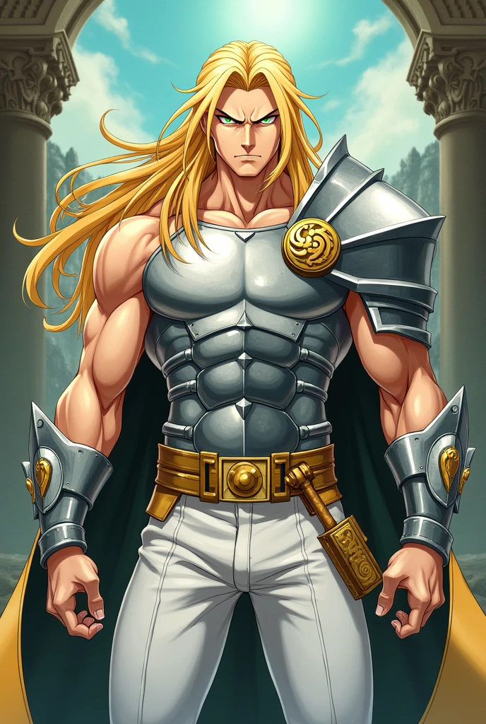fair-skinned male, greeneyes, angry look, blonde hair long, wearing a white tank top, wearing white pants, wearing silver chest armor, Knights of the Zodiac style, anime styling, Full-body image 