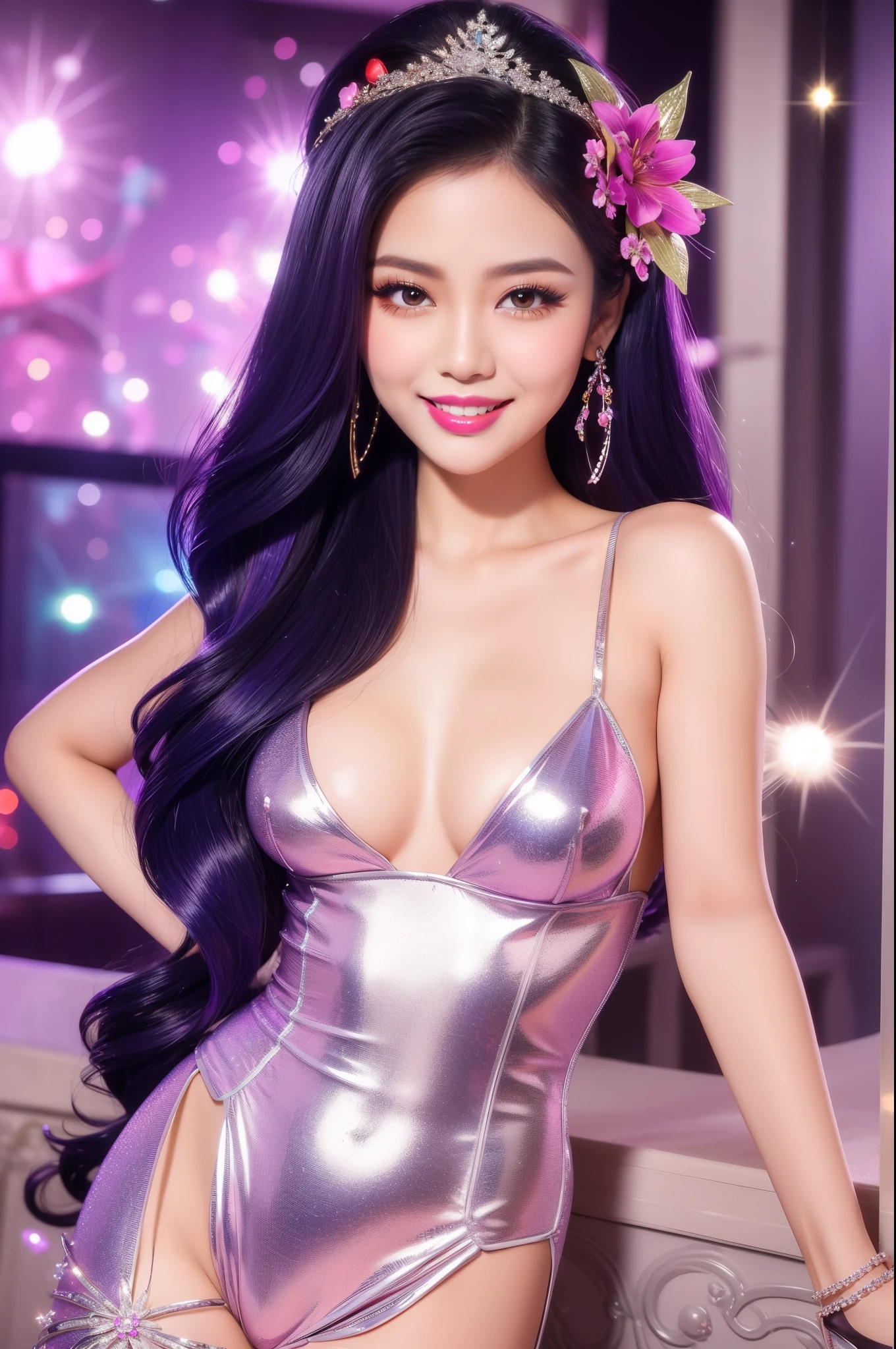 sexy Thai model who controls poison、beautiful smile、lipgloss、bold lipstick、beautiful metallic makeup、very long lashes、look at the camera、full body Esbian、、sparkling poisoned flower costume、、、、sparkling Colorful hair、secrete poison、skull hair accessories、sexy tights、shiny sparkling flowers background
