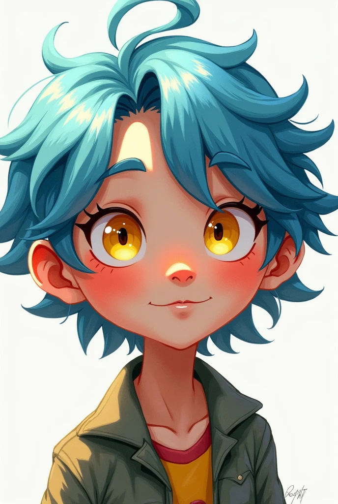 Draw a lively boy with yellow eyes, light blue hair, and shoulder-length hair that is half-up.!