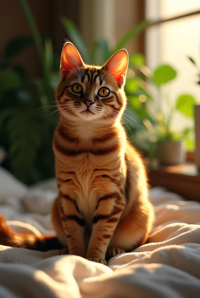(photorealism:1.2), beautiful abyssinian cat, sitting on bed, indoors, soft lighting, plants in background, window with sunlight, cozy room, relaxed pose, realistic, warm colors, by Greg Rutkowski, by Alphonse Mucha