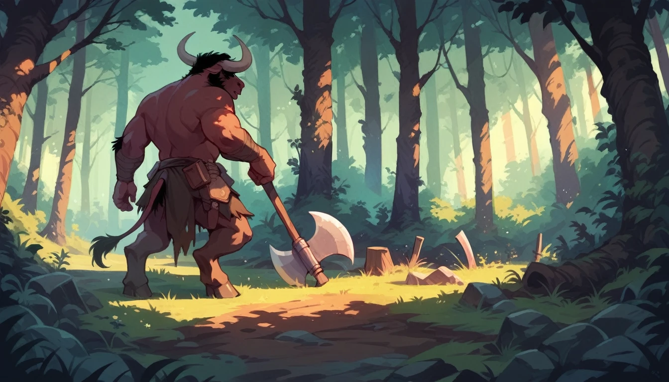 score_9, score_8_up, score_7_up, score_6_up, 1boy, red minotaur, forest, axe