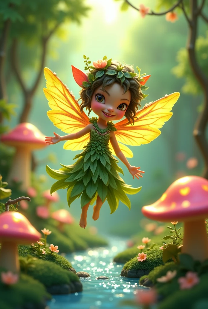 Create a 3D stylized character named 'Fern,' a playful forest sprite that embodies the vibrant energy of nature. Fern should be depicted as a small, agile creature with leaf-like wings, a flowing gown made of vines and flowers, and a mischievous grin. The character should have a bright and lively color palette, with various shades of green, yellow, and soft pinks. The background should feature a lush, enchanted forest with glowing mushrooms, blooming flowers, and a sparkling stream, reflecting the sprite's connection to the natural world.