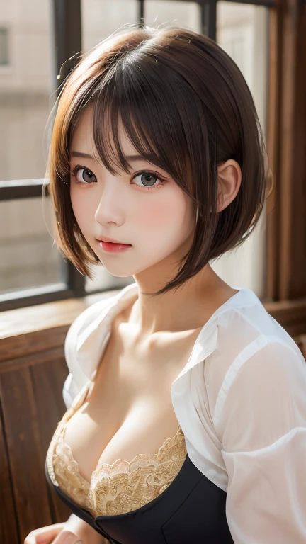 (Tabletop:1.3), (8k, Realistic, RAW Photos, Highest quality: 1.4), Japanese, (One Girl), Beautiful Face, (Realistic Face), (Black Hair), Beautiful hairstyle, Realistic eyes, Beautiful attention to detail, (Realistic Skin), Beautiful Skin, Charm, Ultra-high resolution, Surreal, Very detailed, Golden Ratio,school uniform.blush、Bobcut、Loose and fluffy hairstyle、Drooping eyes、Emphasize the cleavage
