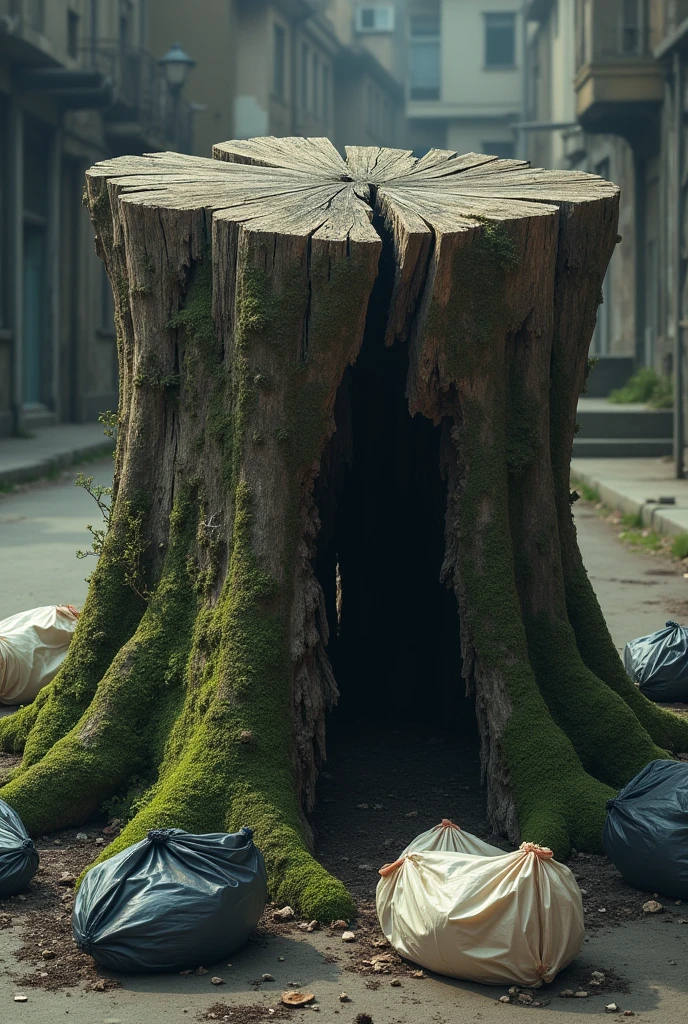 rotten tree stump with garbage bags around it