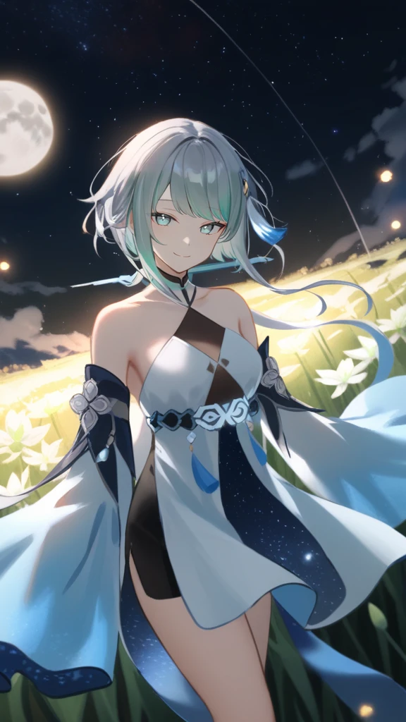 1girl, guizhong_\(genshin_impact\),light grey hair,short_hair_with_long_locks,starry_sky_print,detached_sleeves, long sleeves_past_fingers,hanfu,illustrated by matsuryuu and agahari and dsmile,pale blue eyes,stunning field of softly glowing blue and white glaze lilies,night scene,gentle smile,moonlight,glossy lips,vivid anime coloring,cel shading,smooth, soft dreamy focus,anklet,halter_top,white clothes,highly detailed,digital painting,field of flowers,bare_shoulders,wlop,barefoot,cool night tones, magical night scene,masterpiece, best quality, film, professional, 4k, highly detailed,Guardian nebula of rainbow light and silvery vapor,starry,cosmic,goddess,rich color,hdr,silver moon,dancing,floating