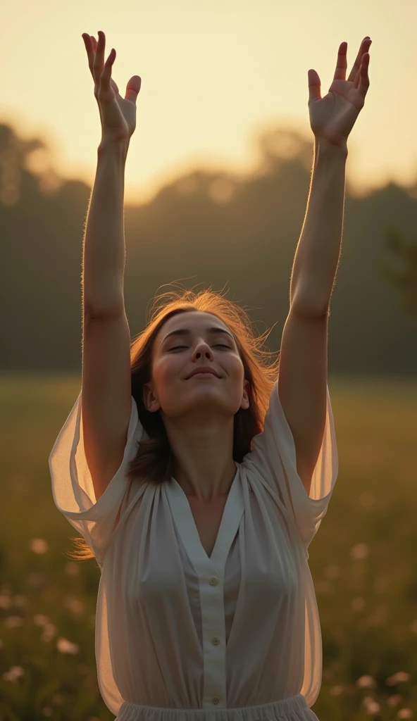 photograph of young woman praying to God with her hands extended to the sky