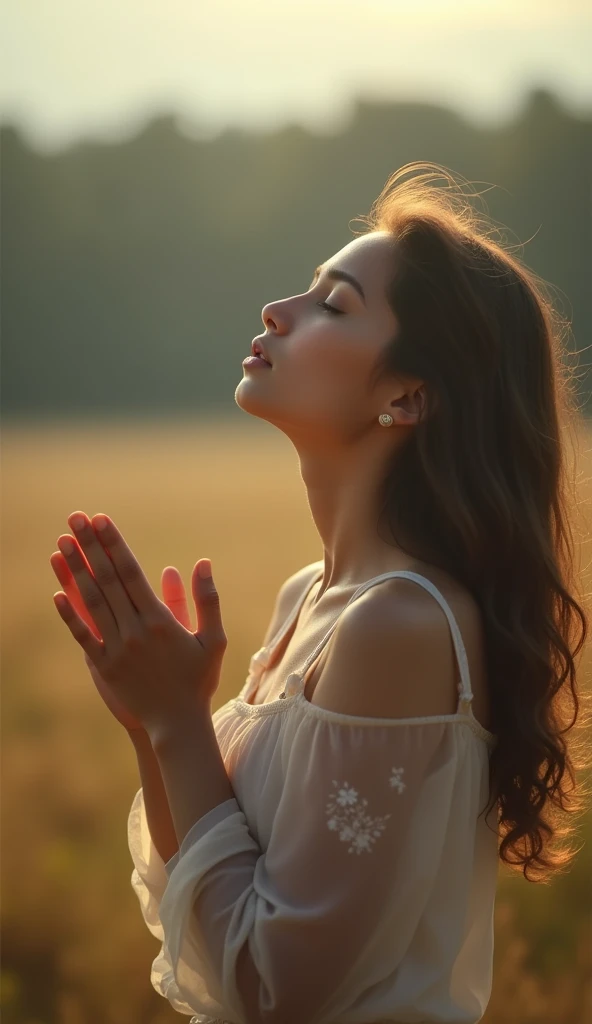 photograph of young woman praying to God with her hands extended to the sky