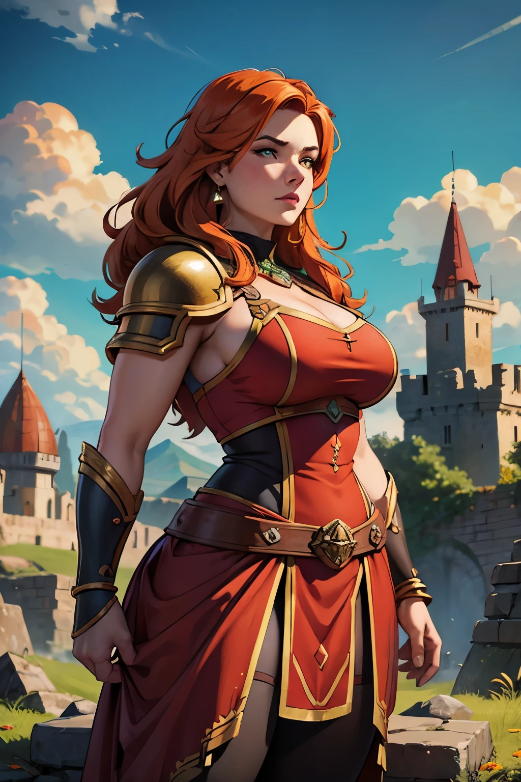 Close up of Dwarven woman, orange hair, maroon armor with gold trim, heavy armor, chubby cheeks, green eyes,
Castle ruins background, large broken stones litter the area. Show her standing with her hands on her hips. super high quality, super high detail, masterpiece, 4k, 8k, HDR, masters of the universe, vibrant colors, multicolor sky, colorful clouds