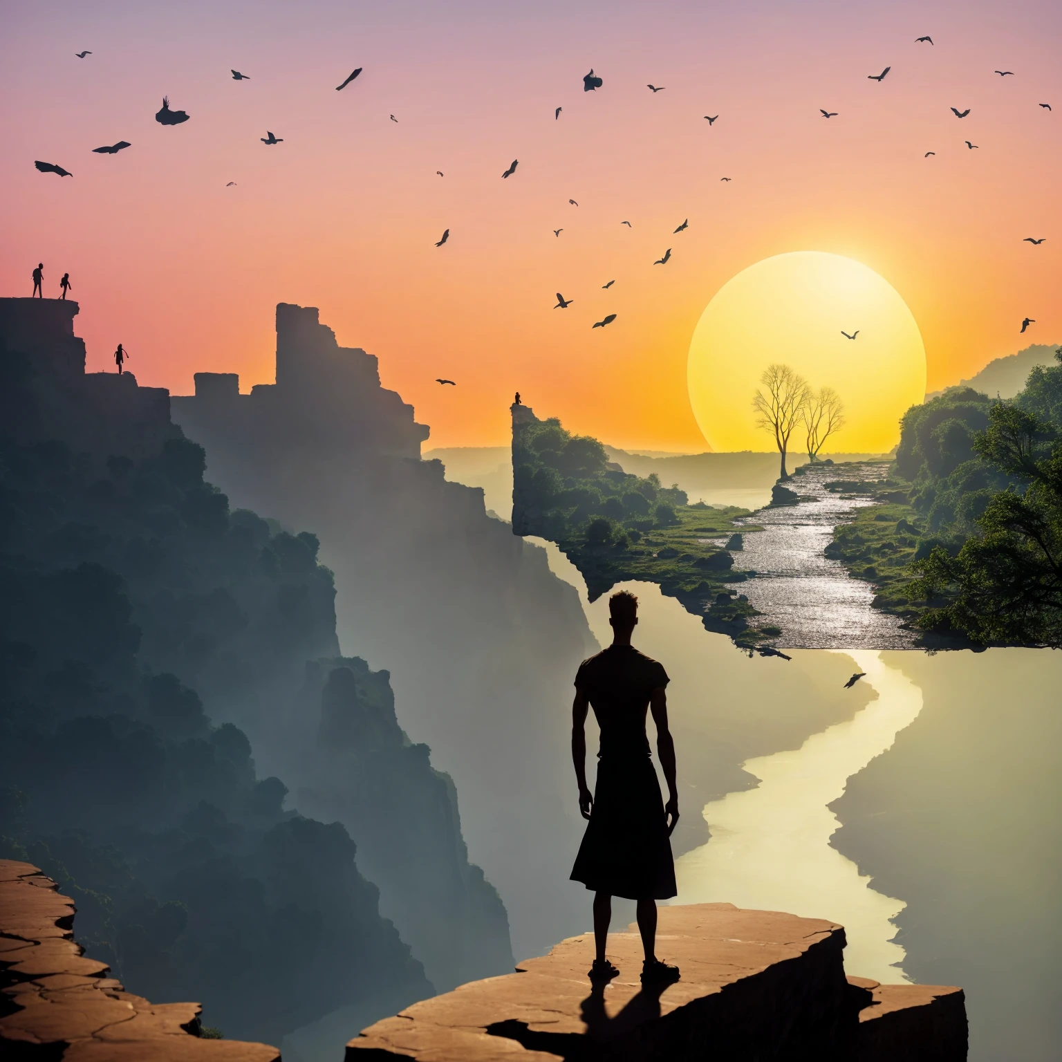 there is a man standing on a cliff overlooking a river that leads to a glowing sphere like tree which is almost like a sun & the only light source that is lighting up the entire scene in the evening, with old ruins like cliffs on his left.