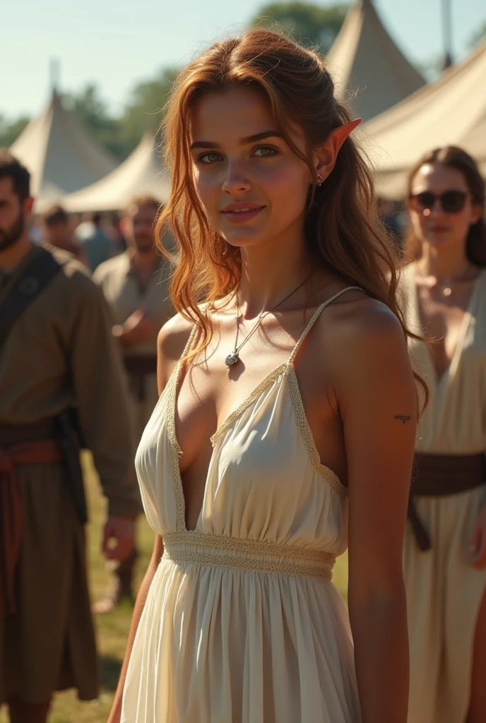 ((Medieval fantasy setting)). score_9, score_8_up, score_7_up, score_6_up. Echo is a 22-year-old half-elf. She has light brown skin. Thick light chestnut hair with caramel highlights and soft waves. Brown eyes with green hues. Her beautiful face is oval with soft features and pronounced cheekbones. She has full and attractive lips with a natural blush. A slight scar over her right eyebrow. Her ears are small like a human's but pointed like an elf's. Her physique is athletic and slim, she toned and flexible. She has a round and elastic body shapes. Secret Masturbation: 1 elf girl masturbates at a public holiday in broad daylight. Background: Fair, broad daylight. The people behind Echo are busy with their own affairs. The stage is in a remote part of the fair. Clothing: A white-transparent light sundress worn over a naked body without underwear. Thin straps, open shoulders. With loose hair. Her nipples are firm, clearly protruding through the thin fabric. Pose: Echo stands with her back to the crowd, one hand lifting her dress, exposing her thighs. The other hand she uses to masturbate. Her face is slightly turned, an excited smile plays on her lips, her eyes are half-closed. Camera: Front-bottom, angled to show details of the process. Tags: (secret masturbation, standing, orgasm, spied-on, covered nipples, penetration, vaginal insertion, intense masturbation, deep insertion, creamy discharge, (Medieval))