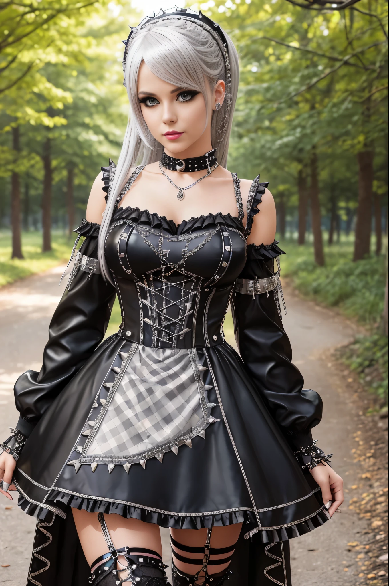 sexy stylish German model, only 1 female, long multicolor stylish hair, ((shiny Punk-Style boots)), smile, professional makeup, glossy lip-gloss, ((sexy Punk Lolita cosplay)), unconventional skirt, petticoats, high neckline, ((ultra detailed lace)), ((ultra detailed embroidery)), intricate details, tartan patterns, ((silver chains)), ((silver spikes)), ((safety pins)), Punk Lolita accessoires, Punk Lolita choker, ((large sparkling Punk Lolita jewelry)), cinematic light, detailed large park background with trees