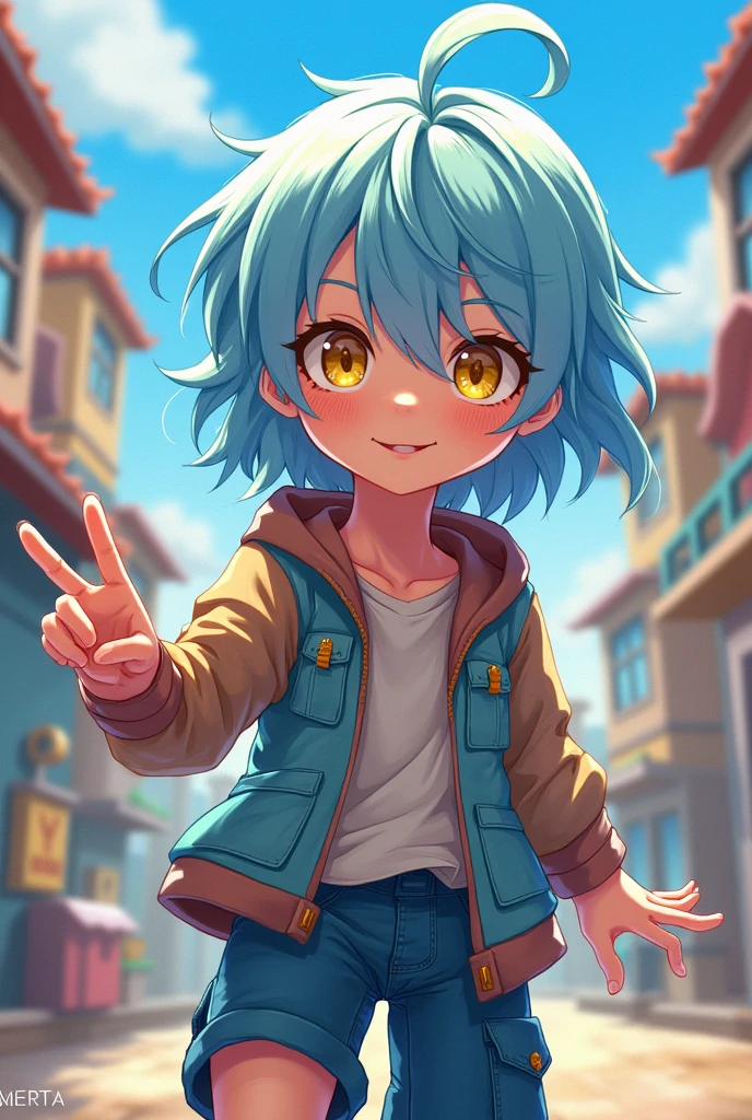 Draw a lively boy with yellow eyes, light blue hair, and shoulder-length hair that is half-up.!In anime style!