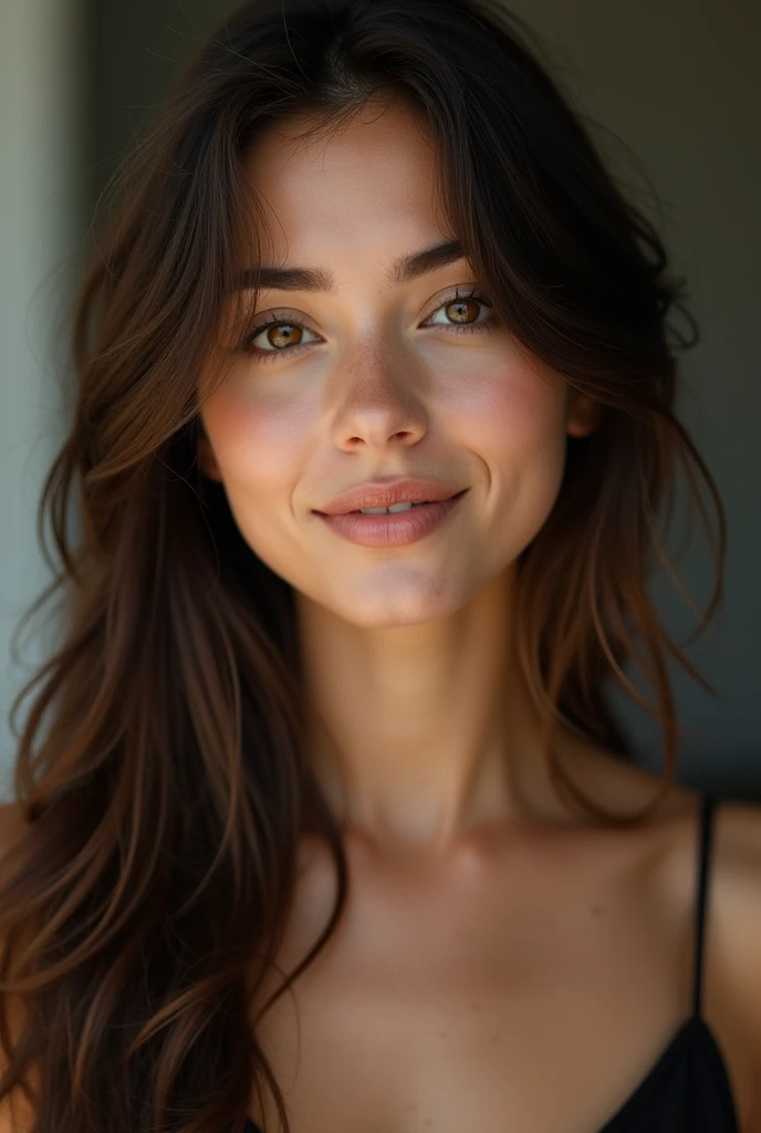 cute beautiful brunette, perfect angle, very detailed, , flirty face, messy long hair, brown eyes, high-res, masterpiece, best quality,intricate details, highly detailed,sharp focus, detailed skin,realistic skin texture,texture, detailed eyes, professional, 4k, smile, shot on Canon, 85mm,shallow depth of field,kodak vision color,  eyeshadow, extremely detailed, photo_\(ultra\), photorealistic, realistic, post-processing, max detail, roughness, real life, ultra realistic, photorealism, photography, 8k uhd, photography, braless,