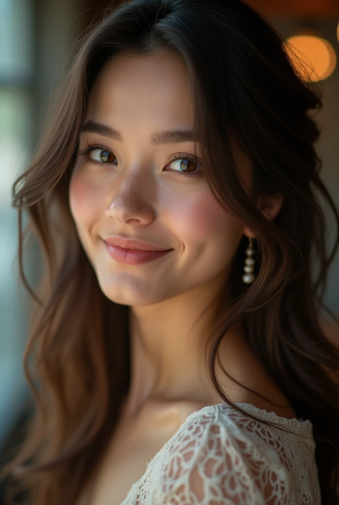 cute beautiful brunette, perfect angle, very detailed, , flirty face, messy long hair, brown eyes, high-res, masterpiece, best quality,intricate details, highly detailed,sharp focus, detailed skin,realistic skin texture,texture, detailed eyes, professional, 4k, smile, shot on Canon, 85mm,shallow depth of field,kodak vision color, eyeshadow, extremely detailed, photo_\(ultra\), photorealistic, realistic, post-processing, max detail, roughness, real life, ultra realistic, photorealism, photography, 8k uhd, photography, braless,